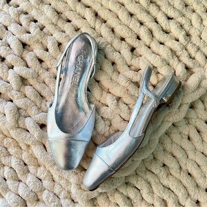 CHANEL CC Logo Metallic Silver Slingback Cap Toe Flats